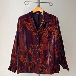❄️ 90s Vintage Burgundy & Orange Artsy Paisley Print Silky Blouse w Large Sleeve